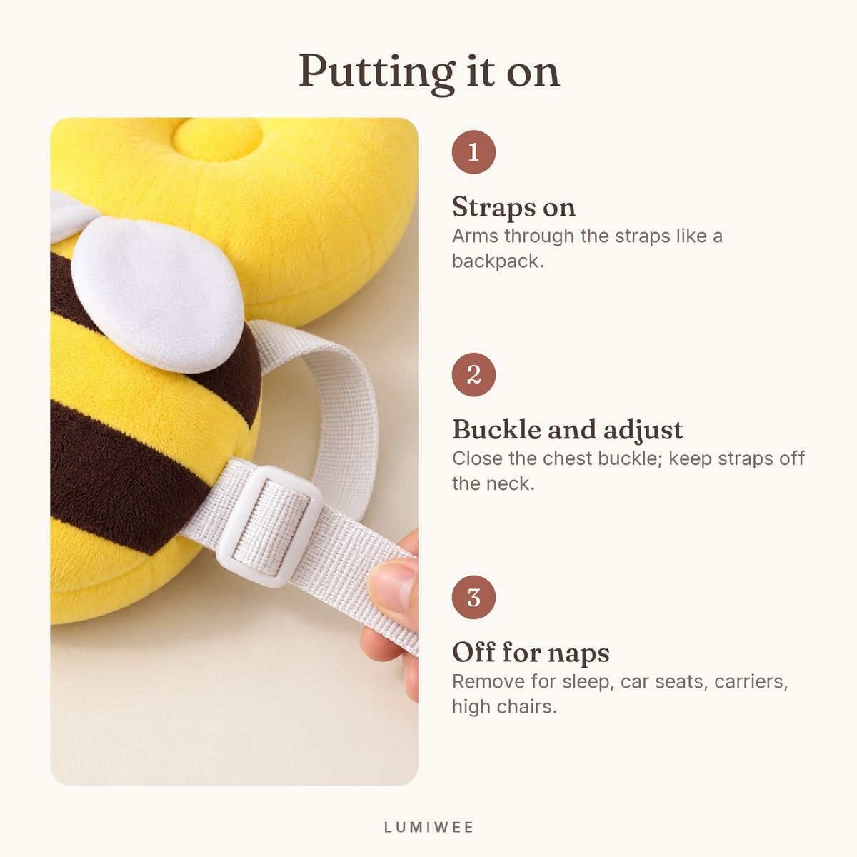 Lumiwee infographic: Infant Head Protector Backpack - Putting it on