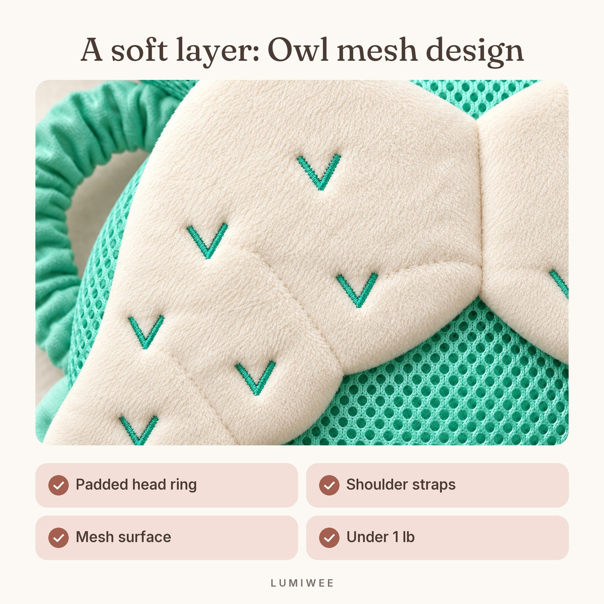 Lumiwee infographic: Infant Head Protector Cushion - A soft layer: Owl mesh design