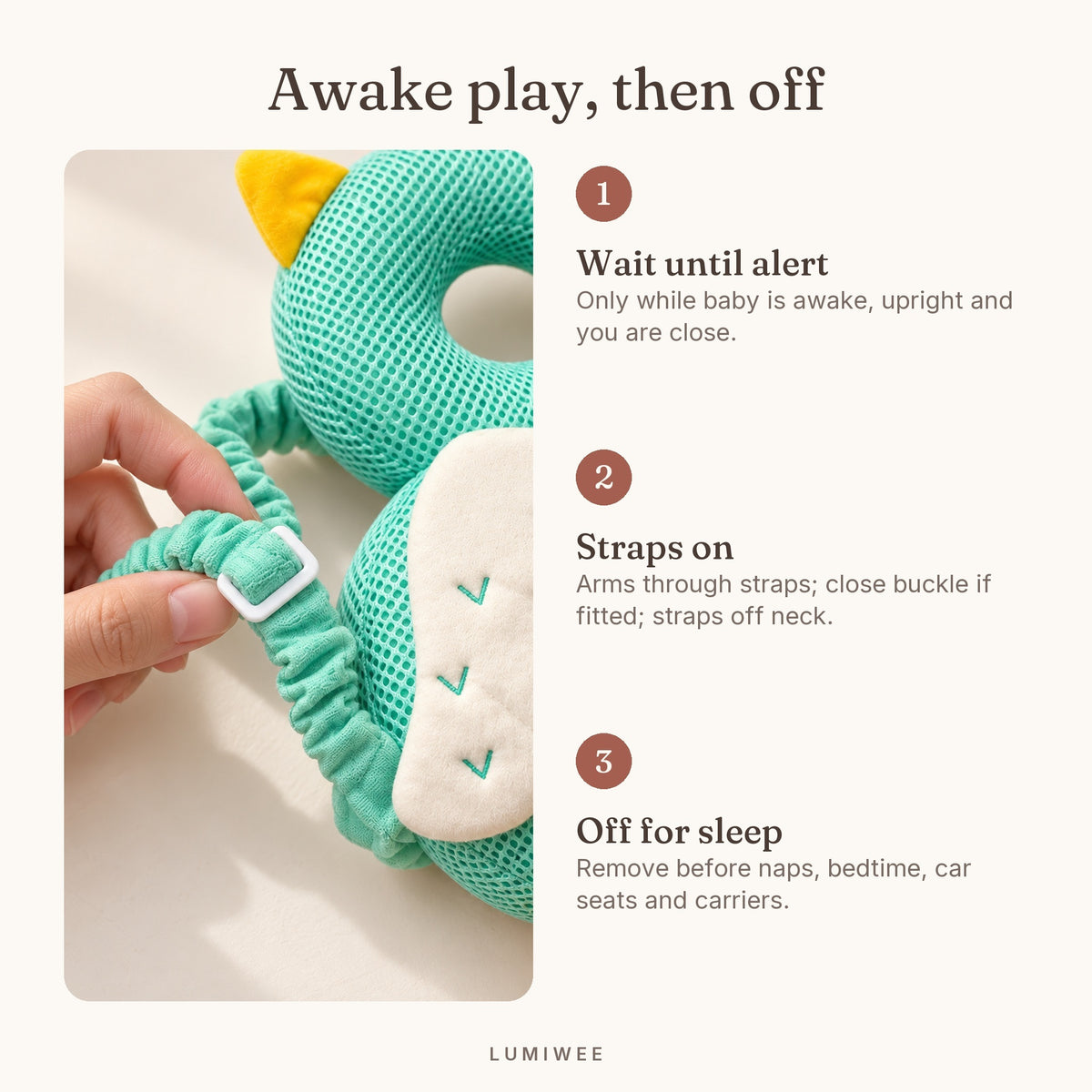 Lumiwee infographic: Infant Head Protector Cushion - Awake play, then off