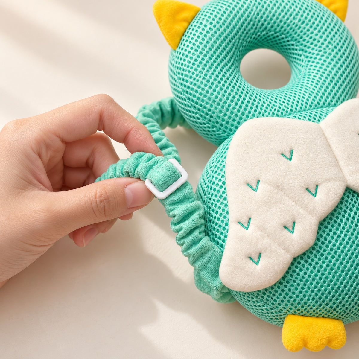 Adult hand adjusting the Owl cushion shoulder strap