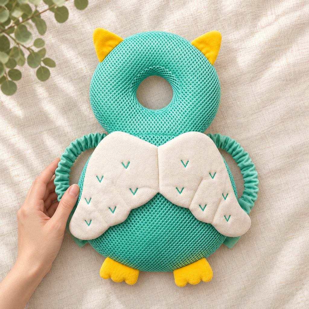Owl cushion beside an adult hand for scale