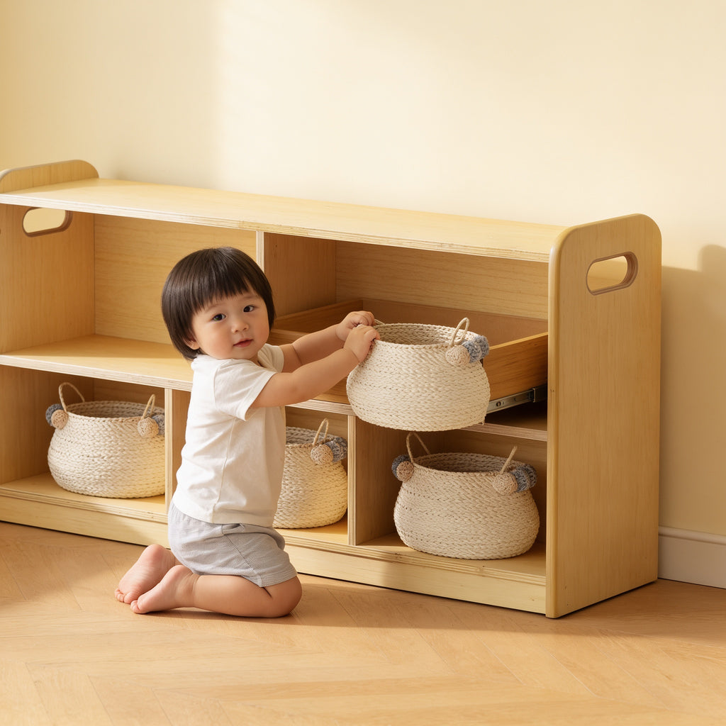 Lumiwee Juniper 2-tier Montessori toy shelf: toddler pulling a basket from the lower shelf