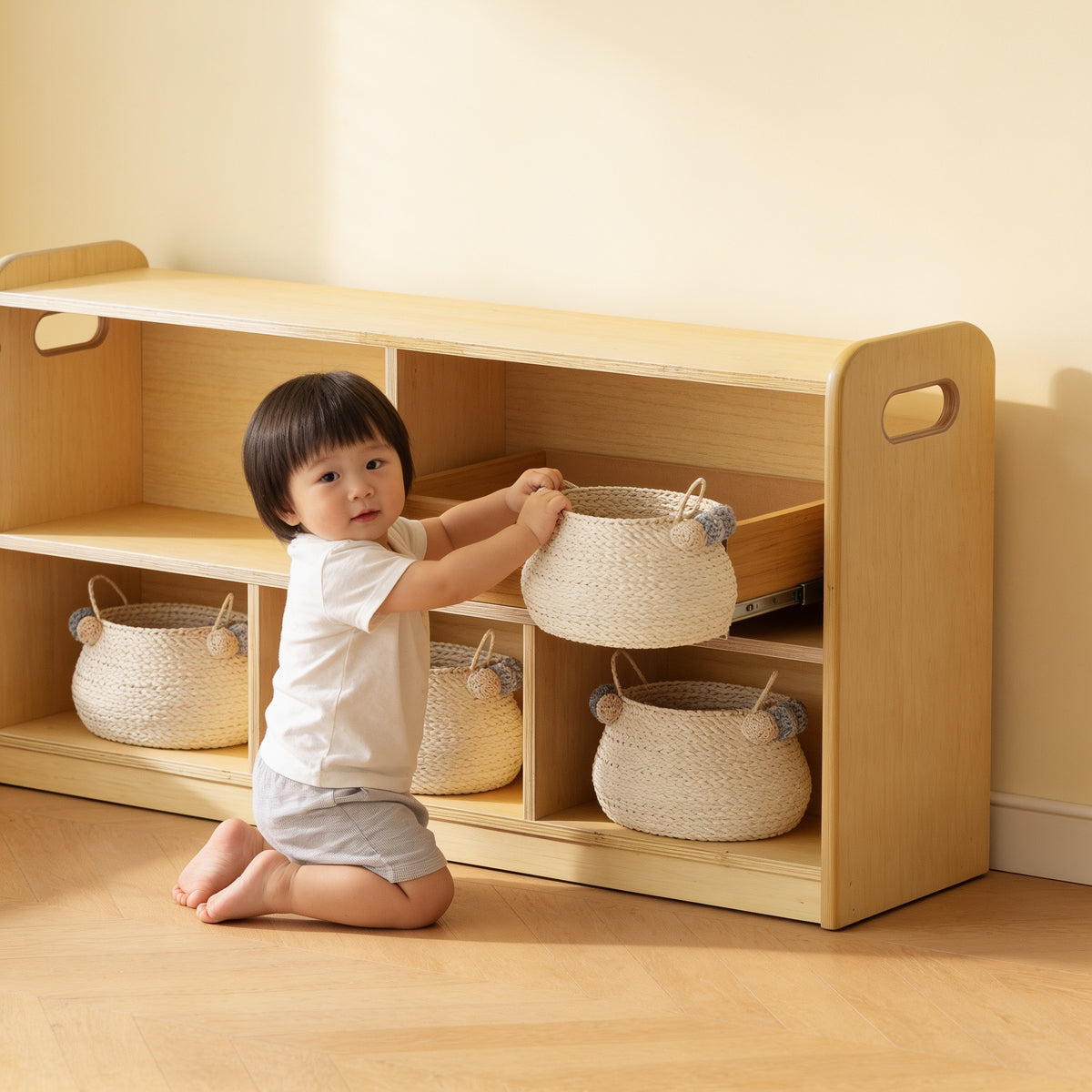 Lumiwee Juniper 2-tier Montessori toy shelf: toddler pulling a basket from the lower shelf
