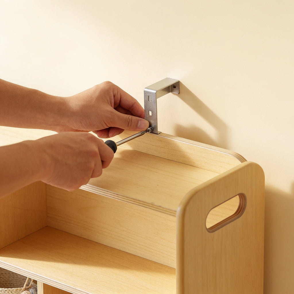 Lumiwee Juniper 2-tier Montessori toy shelf: fixing the anti-tip bracket to the wall