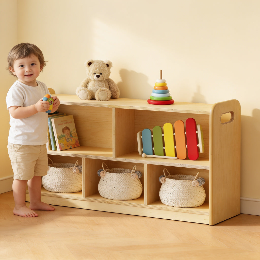Lumiwee Juniper 2-tier Montessori toy shelf: toddler standing beside the shelf for scale
