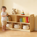 Lumiwee Juniper 2-tier Montessori toy shelf: toddler standing beside the shelf for scale