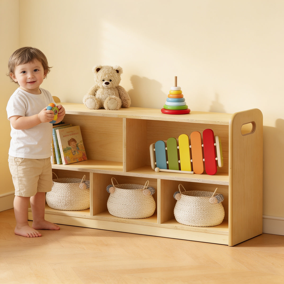 Lumiwee Juniper 2-tier Montessori toy shelf: toddler standing beside the shelf for scale