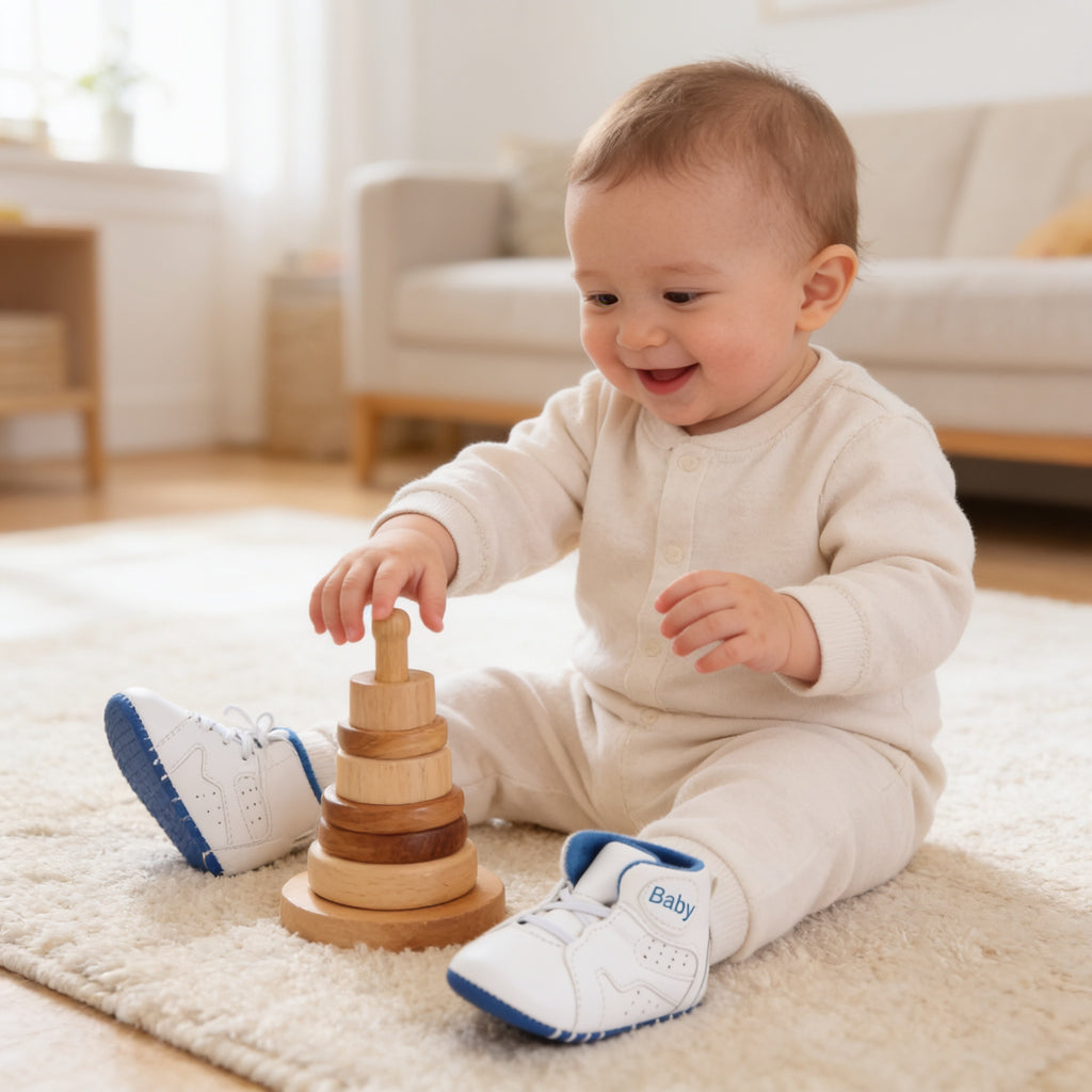 Lumiwee Kick soft-sole baby sneakers: baby sitting on a rug wearing the white and blue sneakers