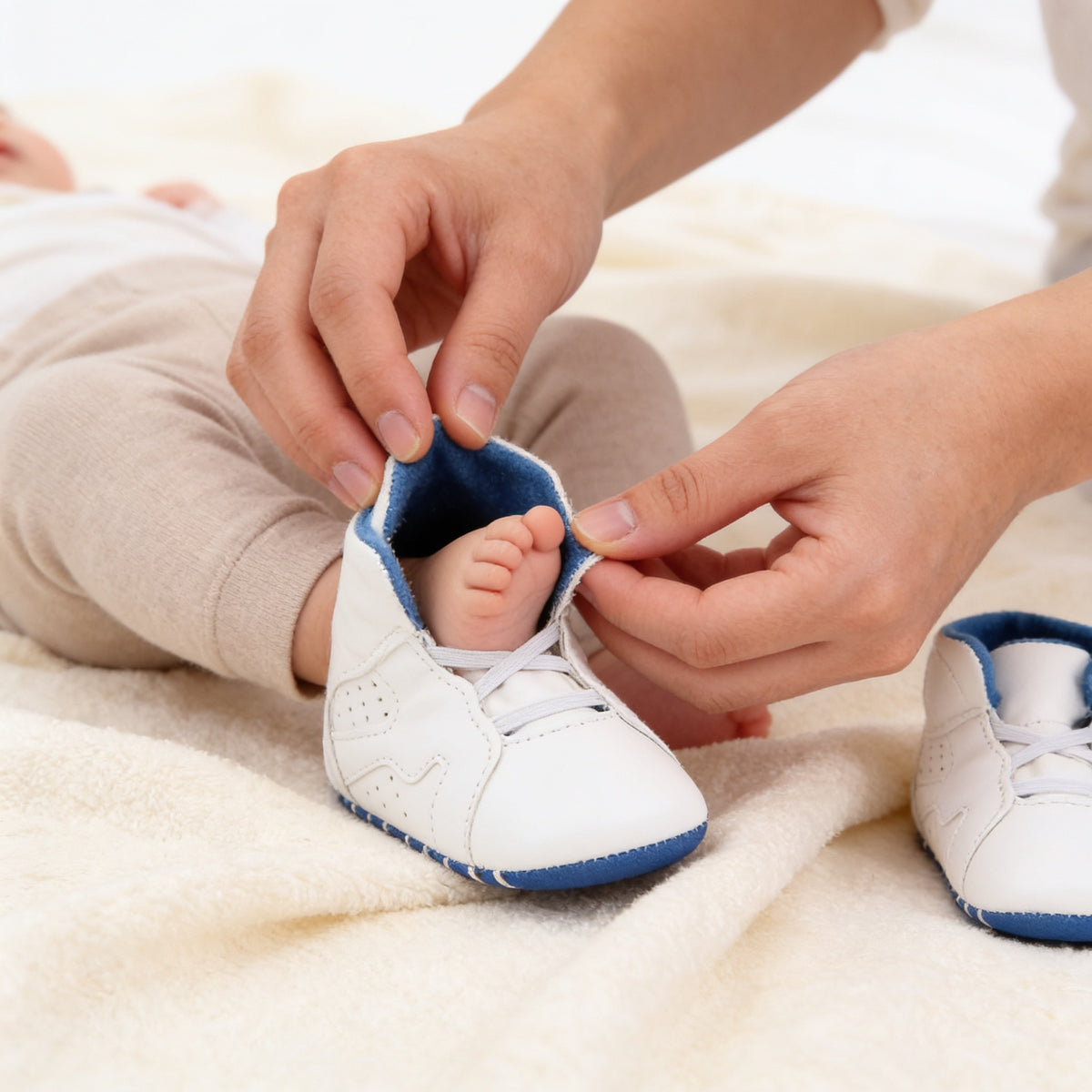 Lumiwee Kick soft-sole baby sneakers: parent easing a sneaker onto a baby foot