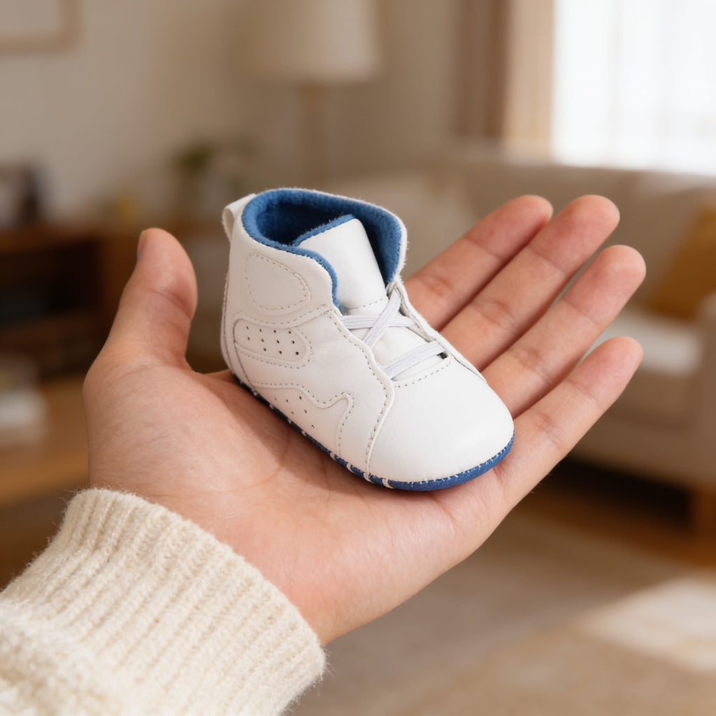 Lumiwee Kick soft-sole baby sneakers: one baby sneaker resting in an adult palm for scale