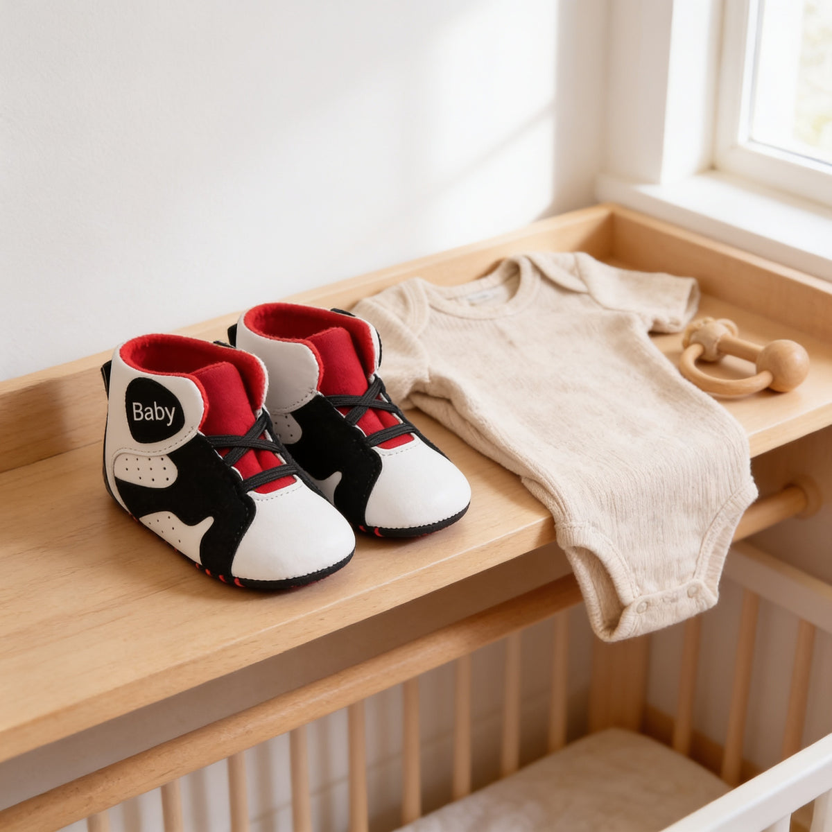 Lumiwee Kick soft-sole baby sneakers, White, Black & Red option, in a bright room