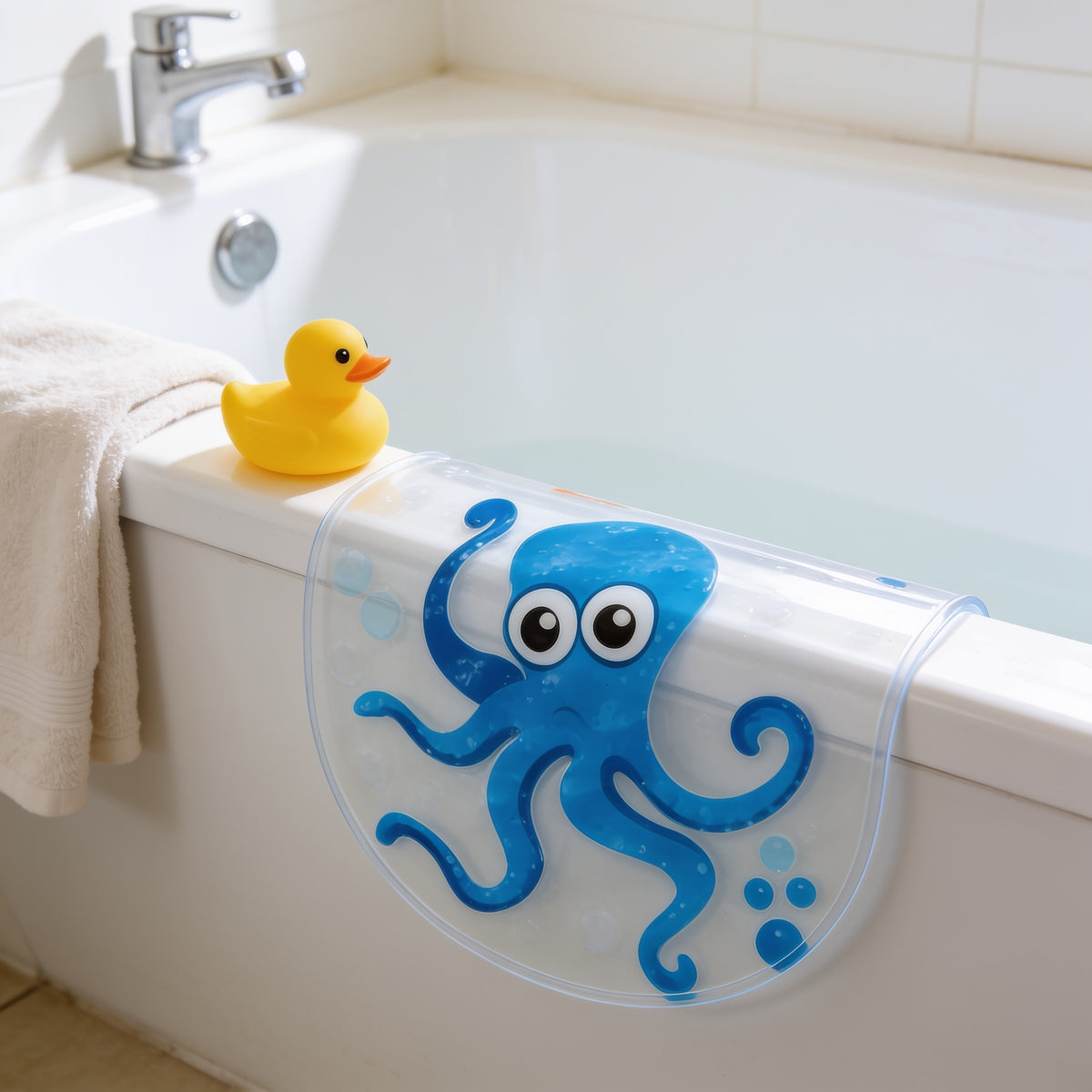 Lumiwee Lagoon kids bath mat: the mat drying over the tub edge