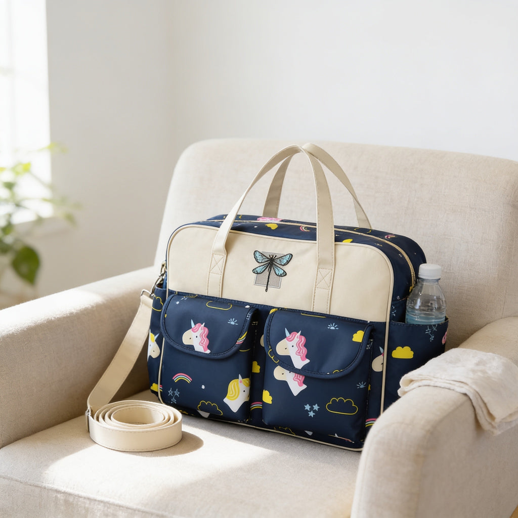 Lumiwee Lark diaper messenger bag: navy unicorn print bag on a linen armchair with its shoulder strap