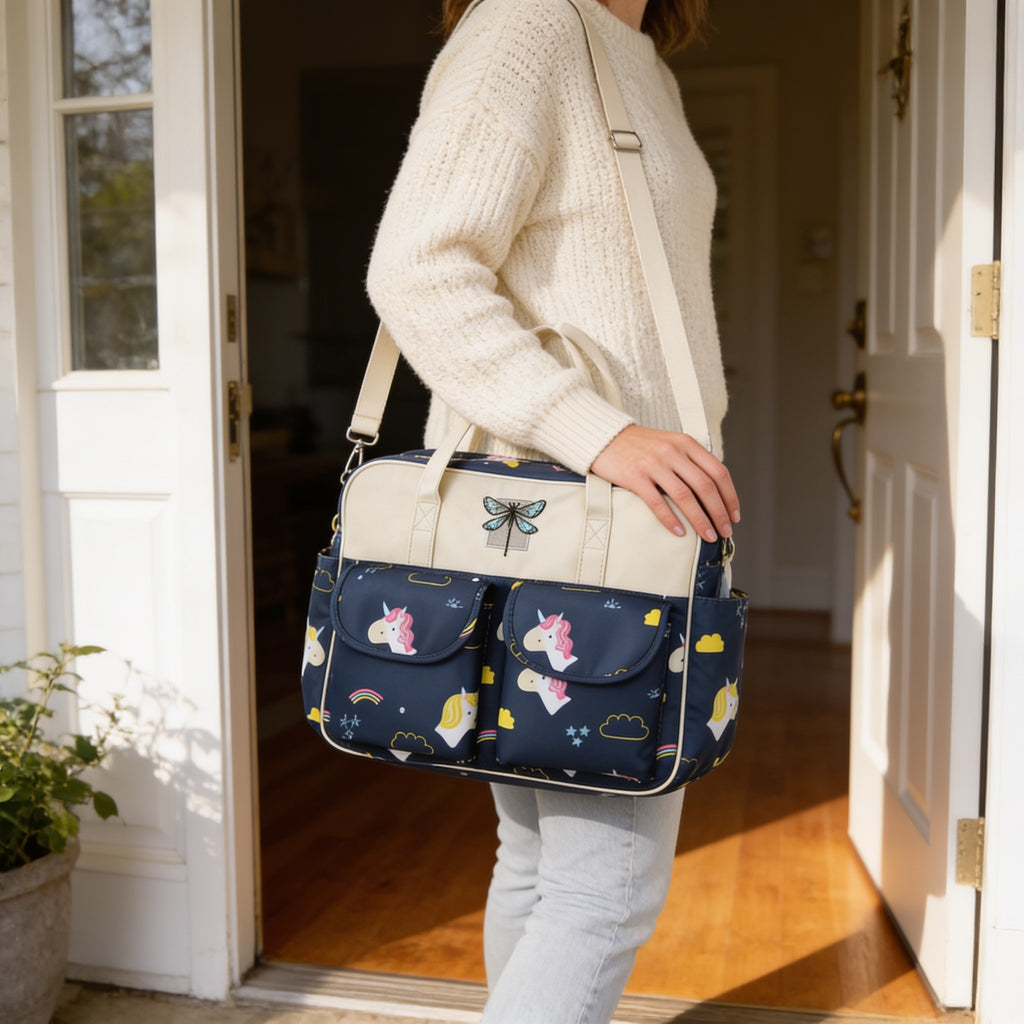 Lumiwee Lark diaper messenger bag: parent carrying the bag on the shoulder strap out the front door