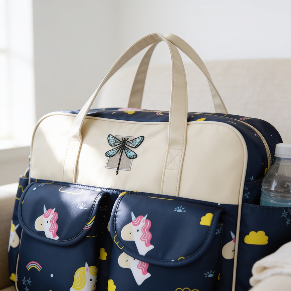 Lumiwee Lark diaper messenger bag: close-up of the front flap pockets and side bottle pocket