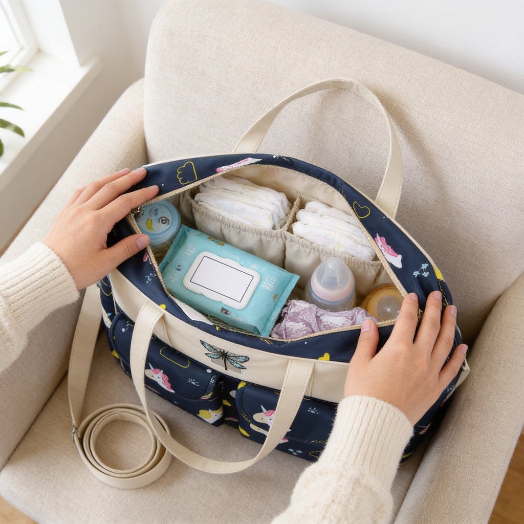 Lumiwee Lark diaper messenger bag: unzipped main compartment with diapers, wipes and a bottle inside
