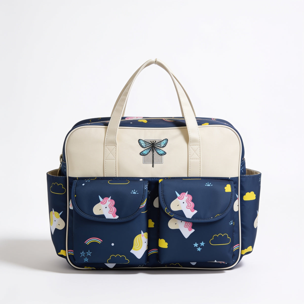 Lumiwee Lark diaper messenger bag: navy unicorn print diaper bag on a white background