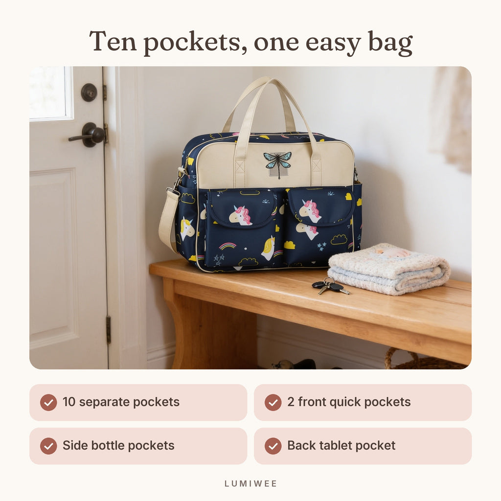 Lumiwee infographic: Lark - Ten pockets, one easy bag