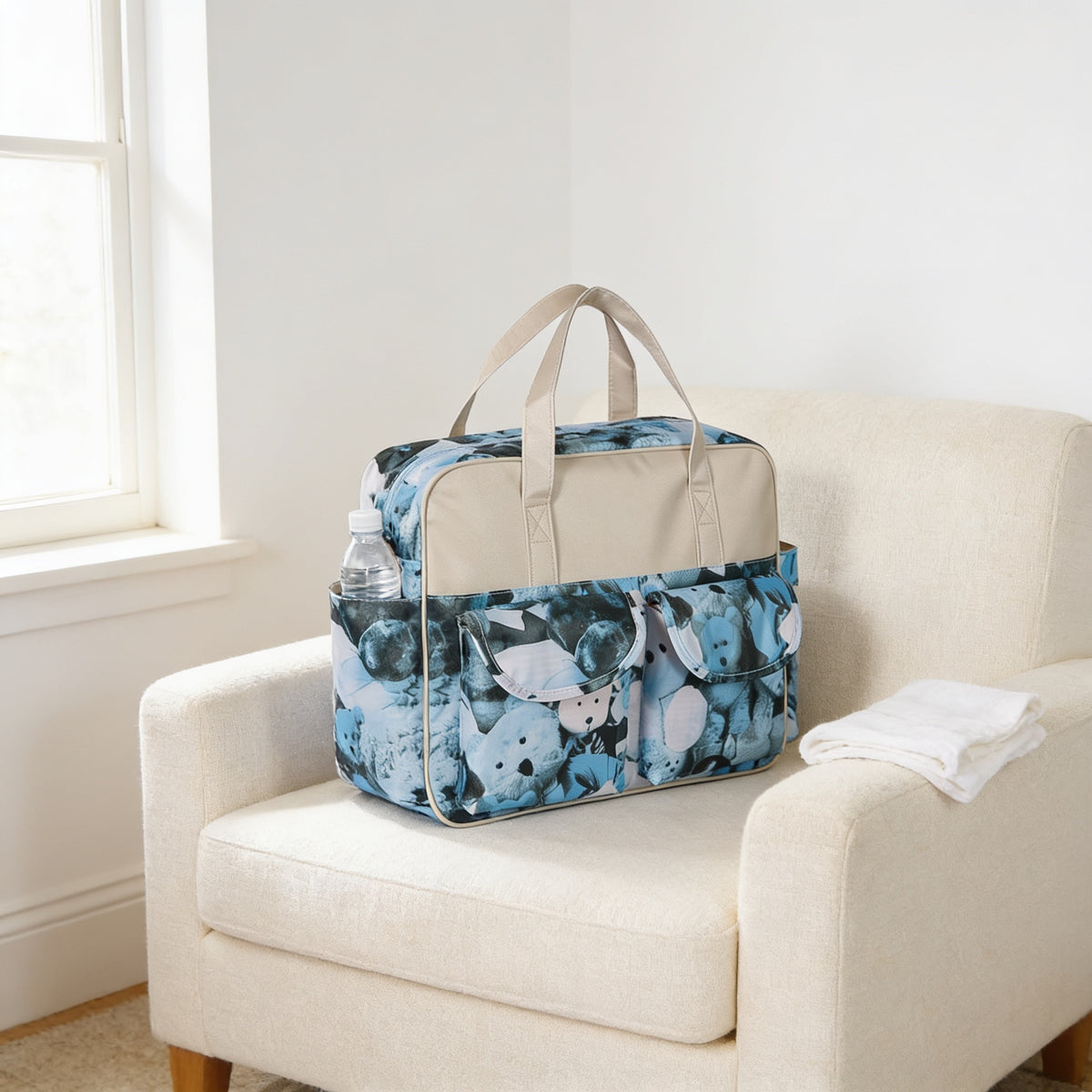 Lumiwee Lark diaper messenger bag, Bear option, in a bright room
