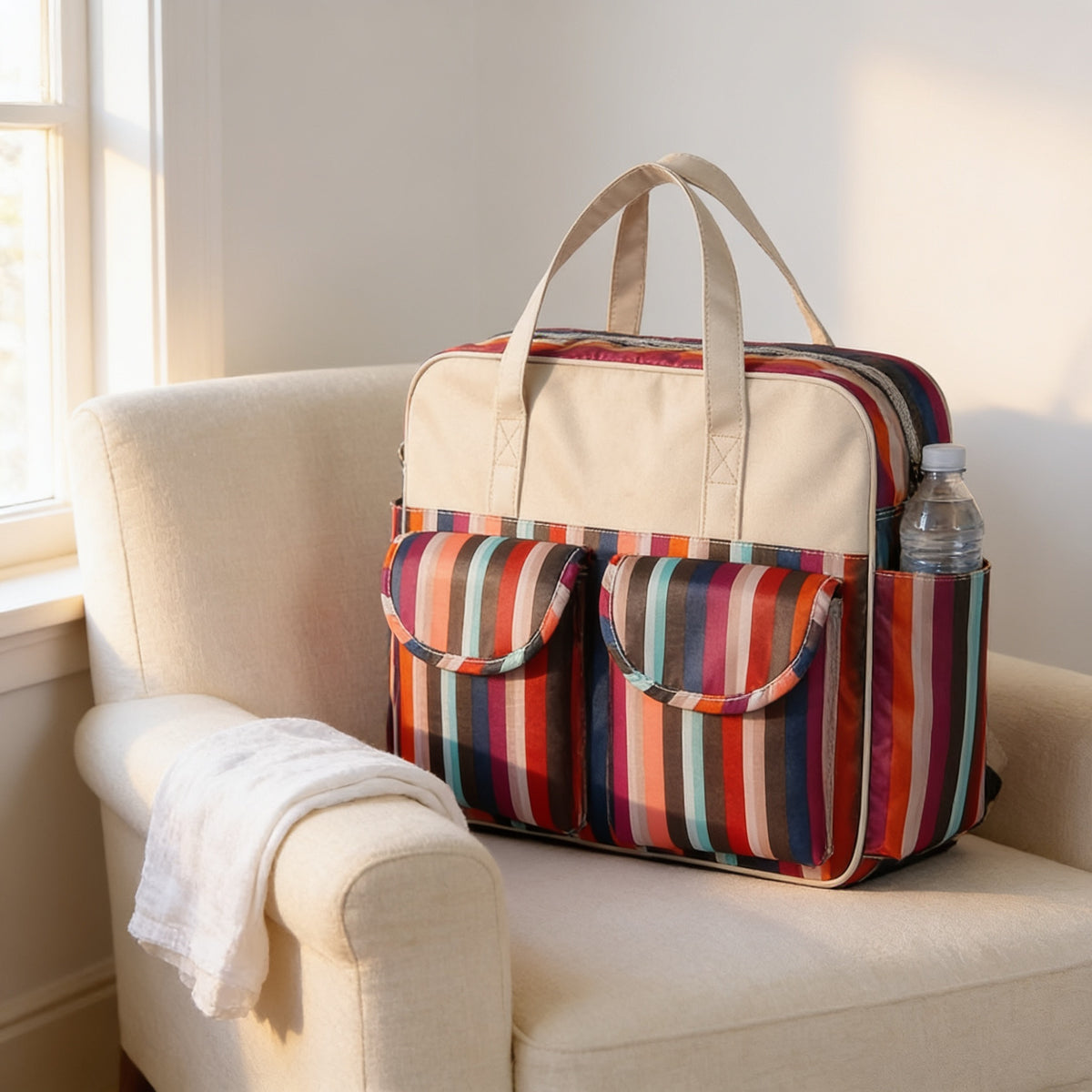 Lumiwee Lark diaper messenger bag, Color Stripes option, in a bright room