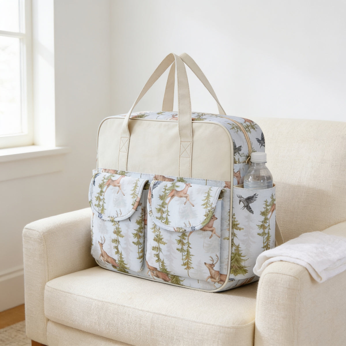Lumiwee Lark diaper messenger bag, Forest Elk option, in a bright room