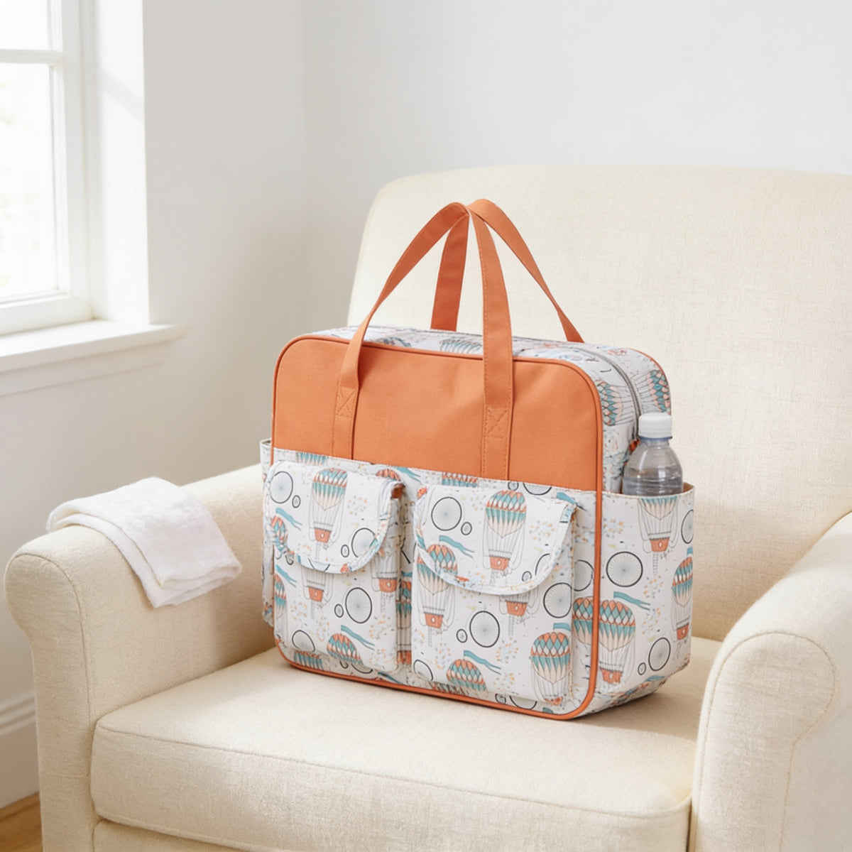 Lumiwee Lark diaper messenger bag, Hot Air Balloon option, in a bright room