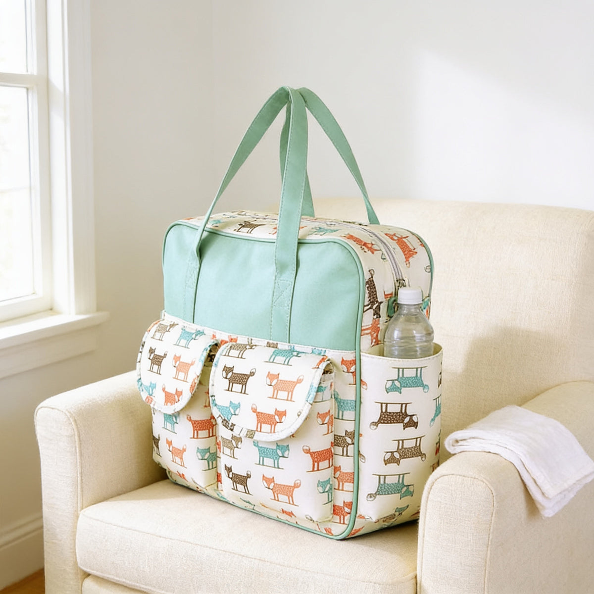 Lumiwee Lark diaper messenger bag, Lovely Fox option, in a bright room