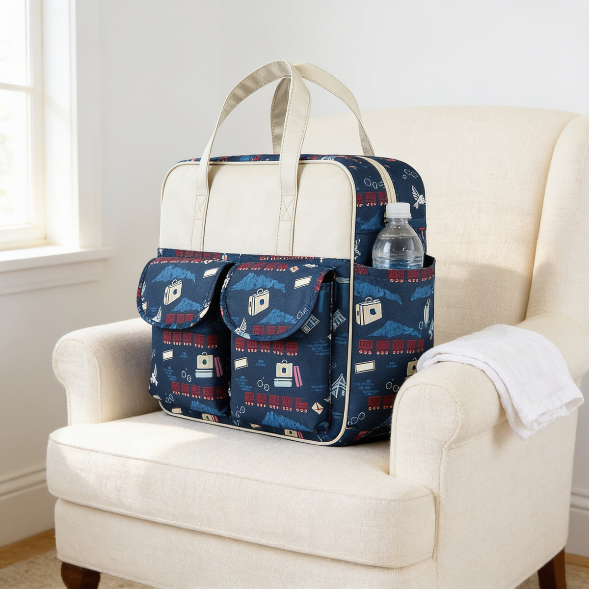 Lumiwee Lark diaper messenger bag, Magic School option, in a bright room