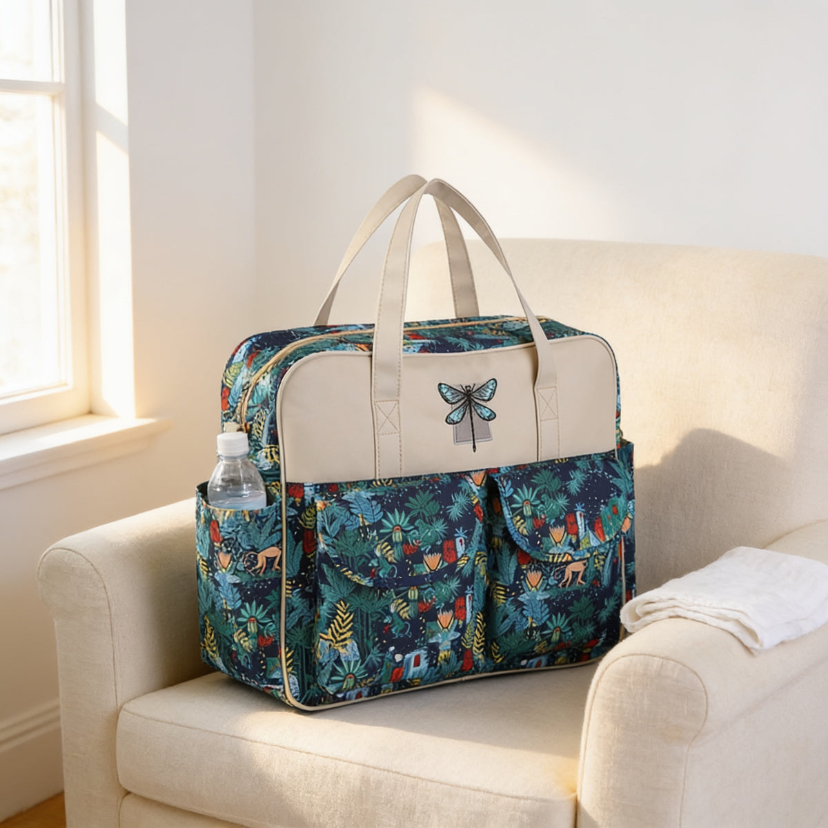 Lumiwee Lark diaper messenger bag, Monkey option, in a bright room