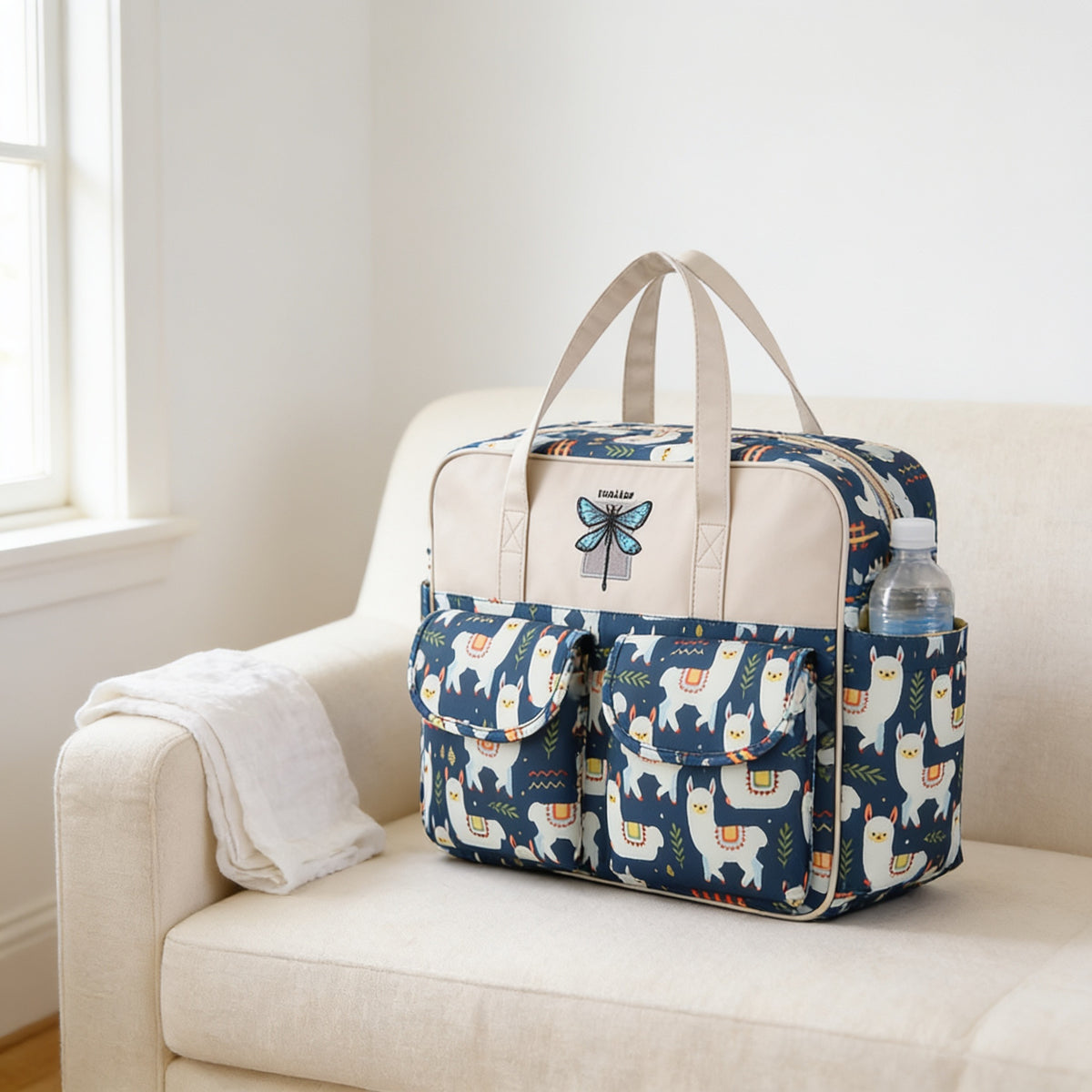 Lumiwee Lark diaper messenger bag, Navy Alpaca option, in a bright room