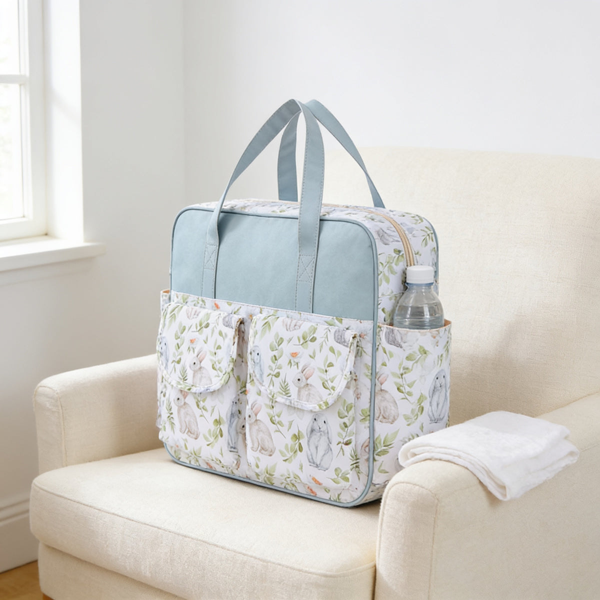 Lumiwee Lark diaper messenger bag, Pastoral Rabbit option, in a bright room