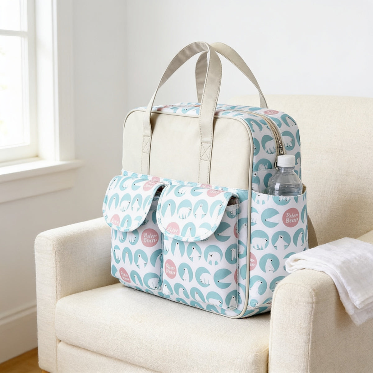 Lumiwee Lark diaper messenger bag, Polar Bear option, in a bright room