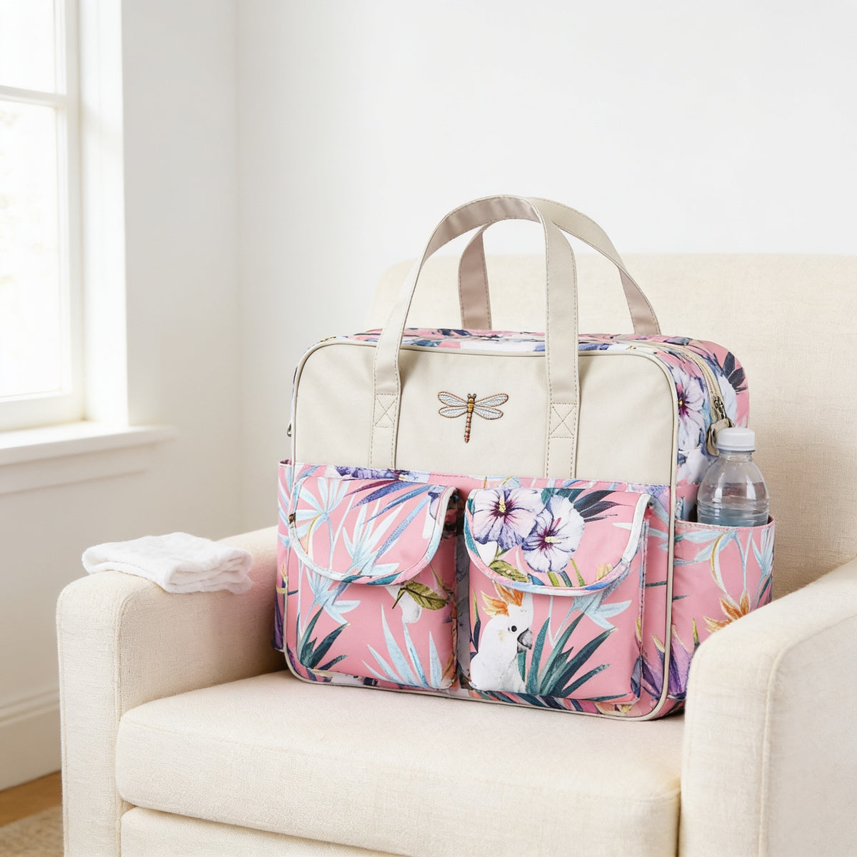Lumiwee Lark diaper messenger bag, Rain Forest option, in a bright room
