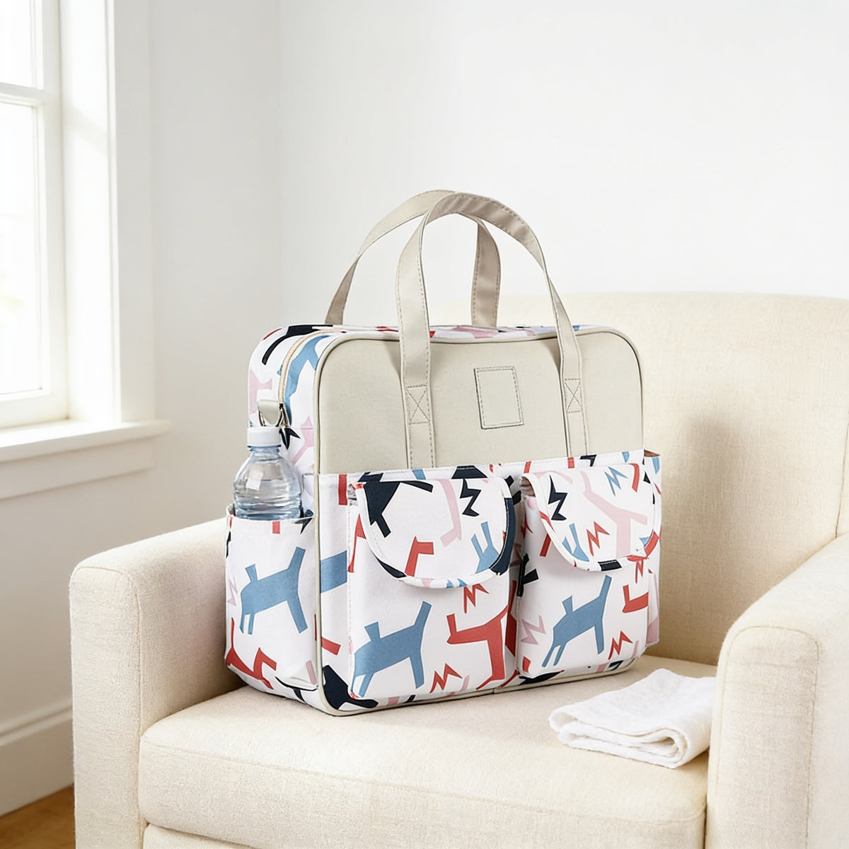 Lumiwee Lark diaper messenger bag, Rolling Pony option, in a bright room