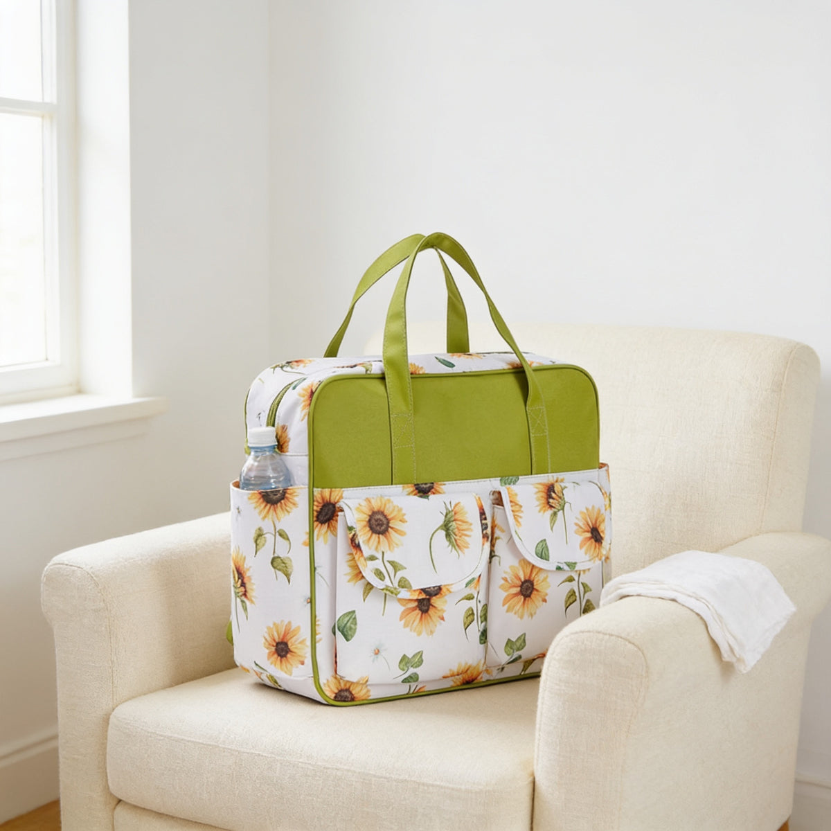 Lumiwee Lark diaper messenger bag, Sunflower option, in a bright room