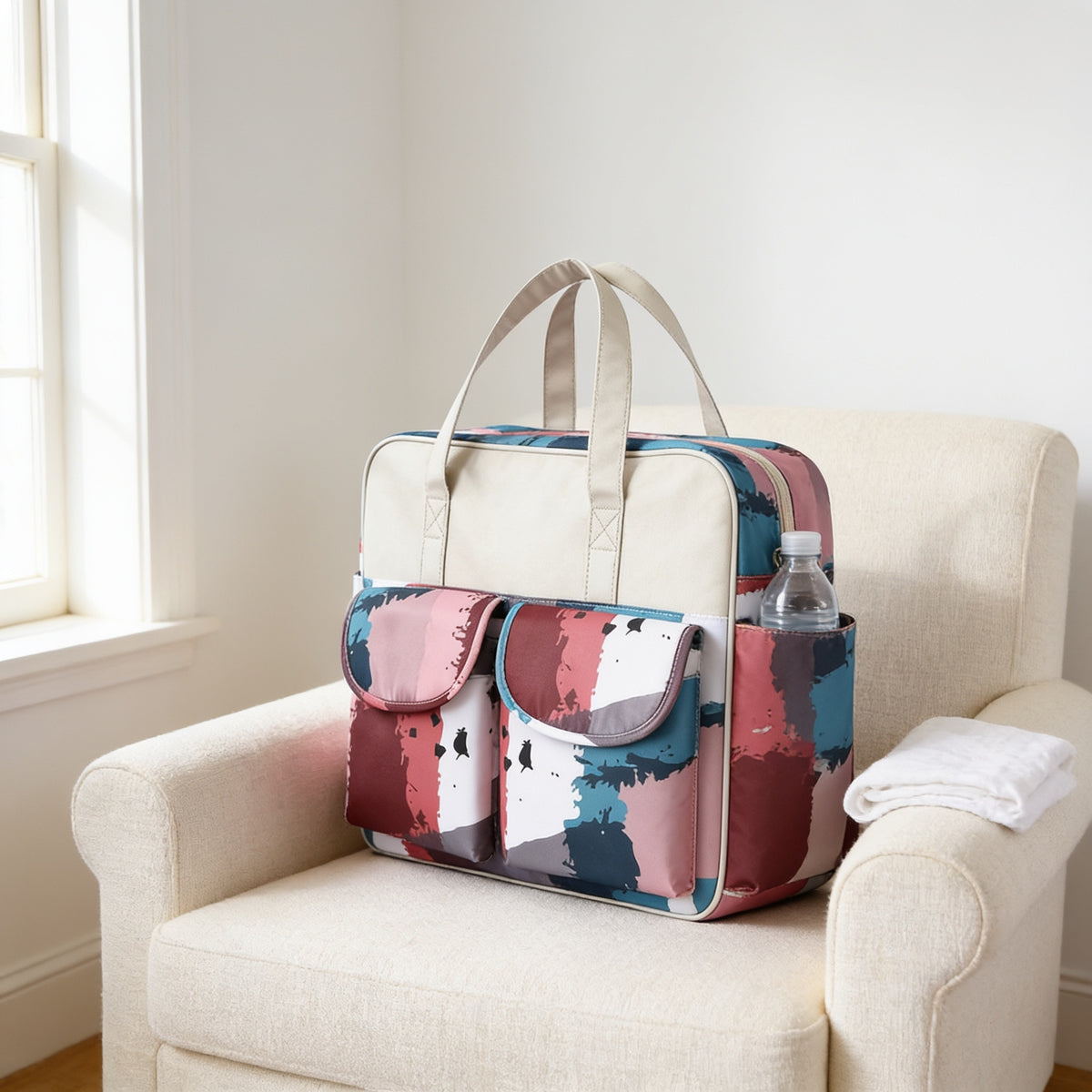 Lumiwee Lark diaper messenger bag, Urban Painting option, in a bright room
