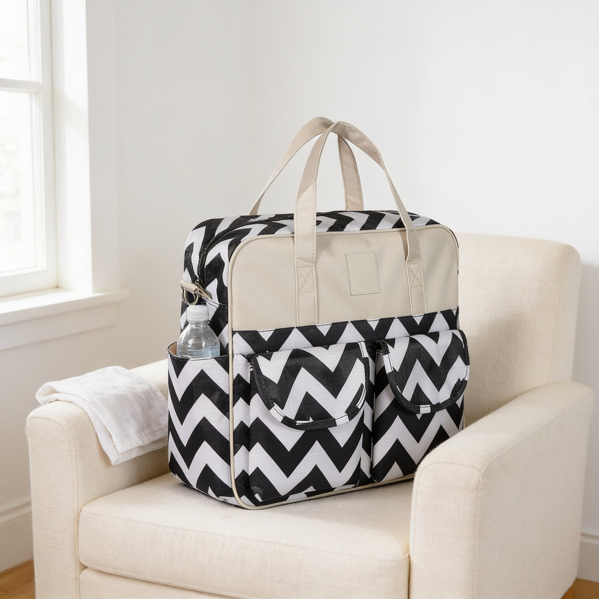 Lumiwee Lark diaper messenger bag, Wave option, in a bright room