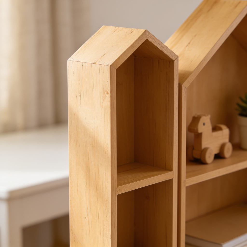 Lumiwee Linden wooden house desk organizer: close-up of the pine roof peak and middle shelf
