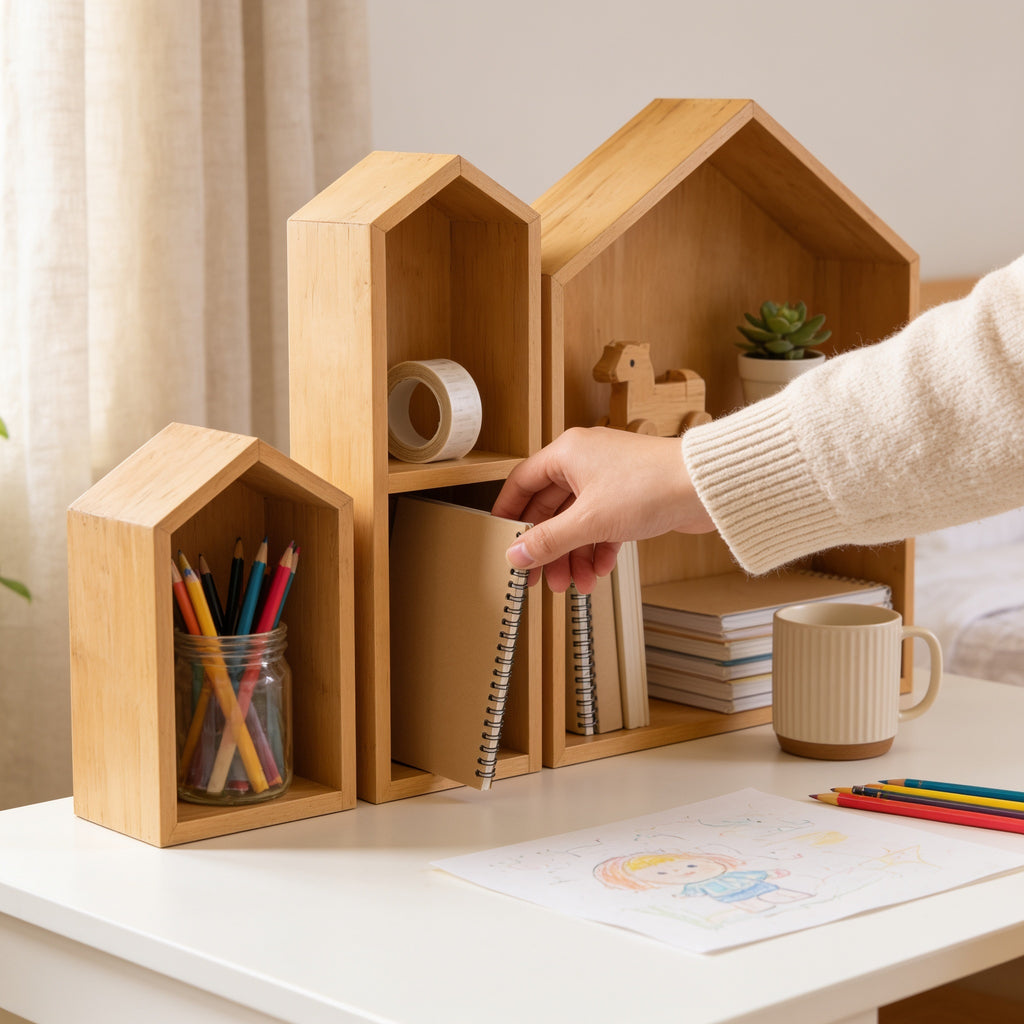 Lumiwee Linden wooden house desk organizer: putting a notebook back into the large house