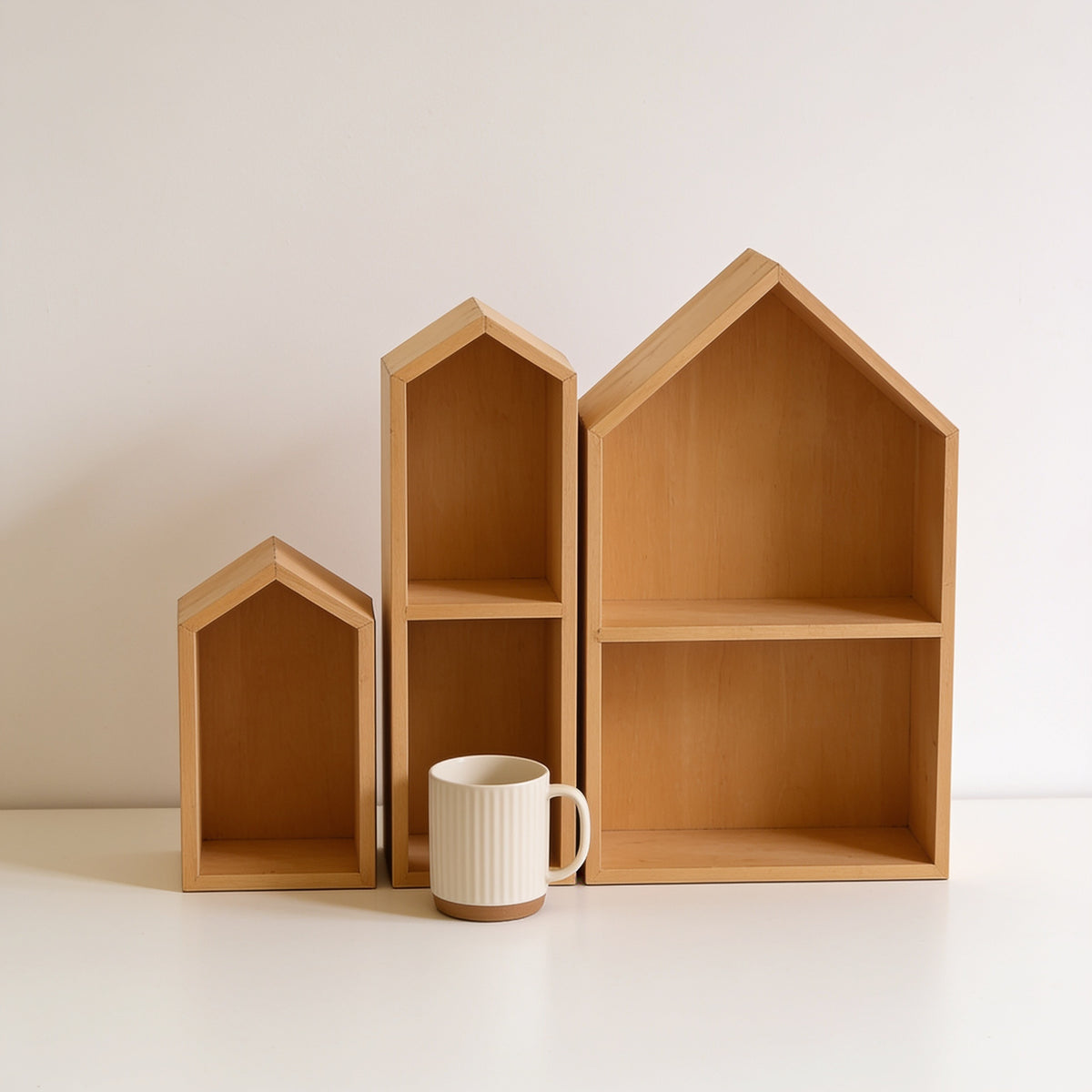 Lumiwee Linden wooden house desk organizer: empty set of 3 next to a coffee mug for scale