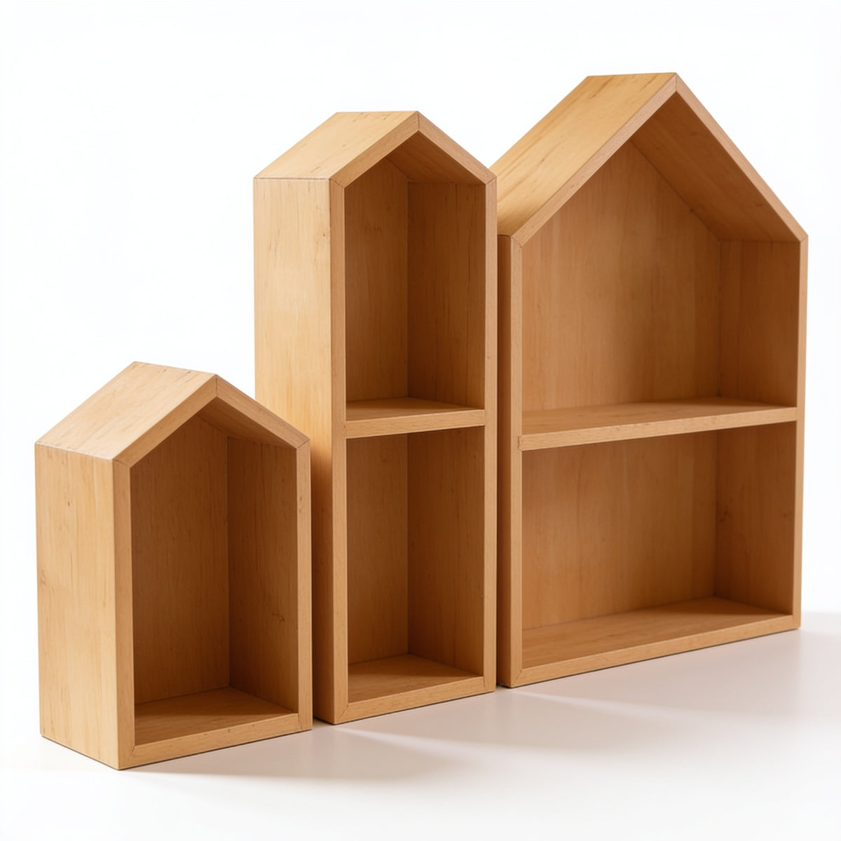 Lumiwee Linden wooden house desk organizer: set of 3 natural wood house organizers on a white background