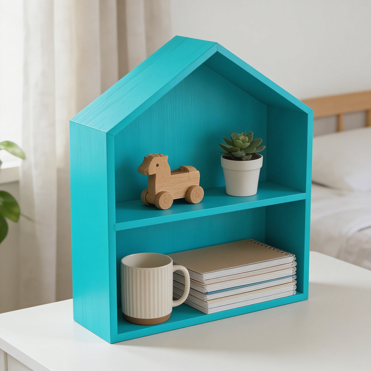 Lumiwee Linden wooden house desk organizer, Blue – Large option, in a bright room