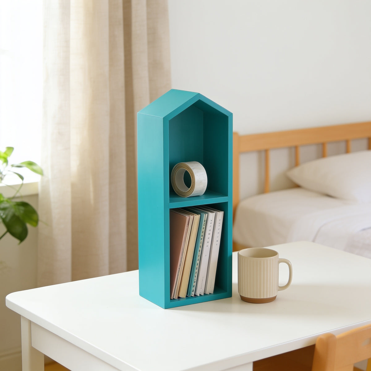 Lumiwee Linden wooden house desk organizer, Blue – Medium option, in a bright room