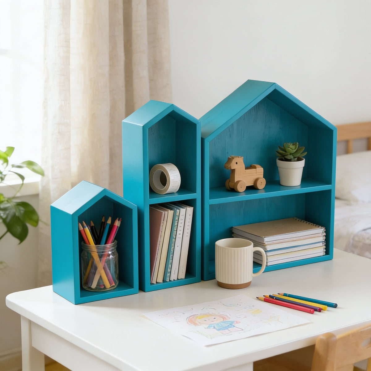 Lumiwee Linden wooden house desk organizer, Blue – Set of 3 option, in a bright room