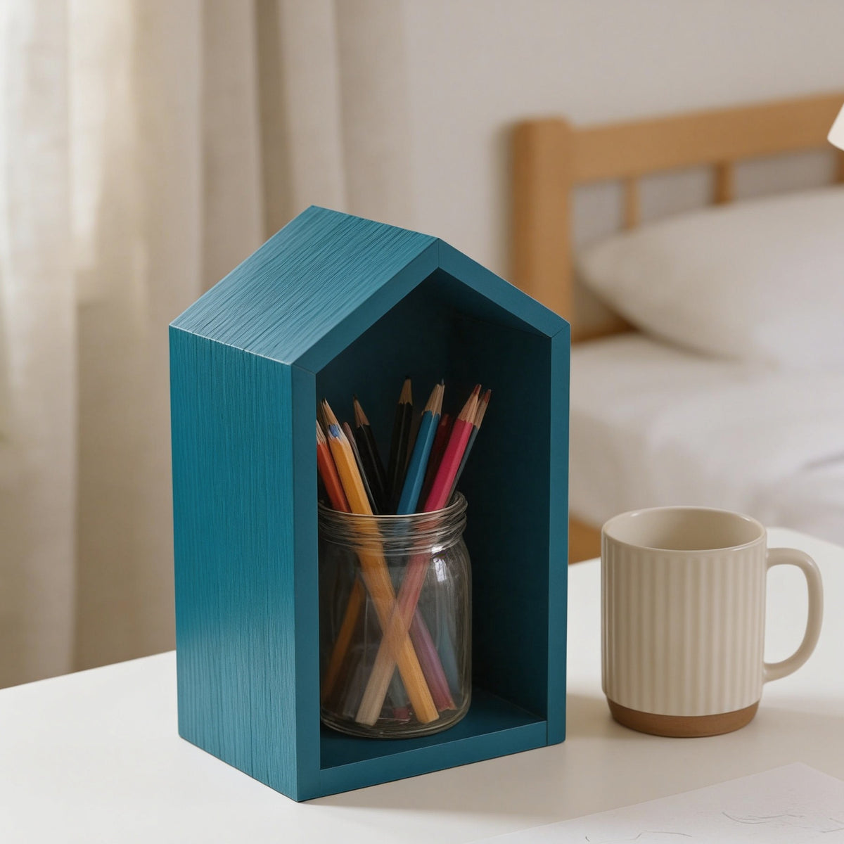 Lumiwee Linden wooden house desk organizer, Blue – Small option, in a bright room