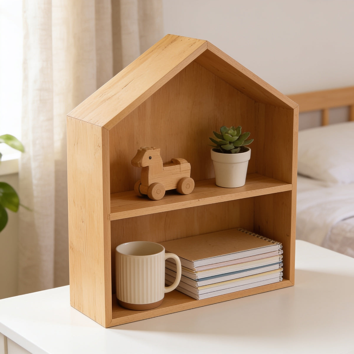 Lumiwee Linden wooden house desk organizer, Natural – Large option, in a bright room