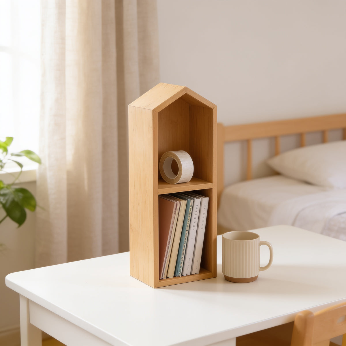 Lumiwee Linden wooden house desk organizer, Natural – Medium option, in a bright room