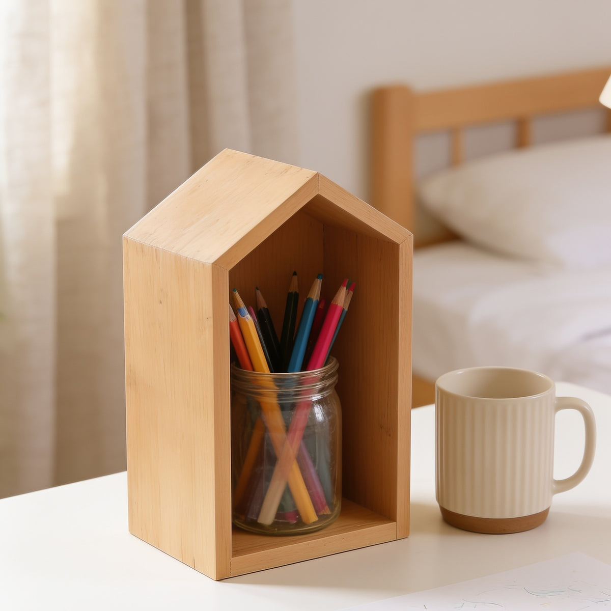 Lumiwee Linden wooden house desk organizer, Natural – Small option, in a bright room