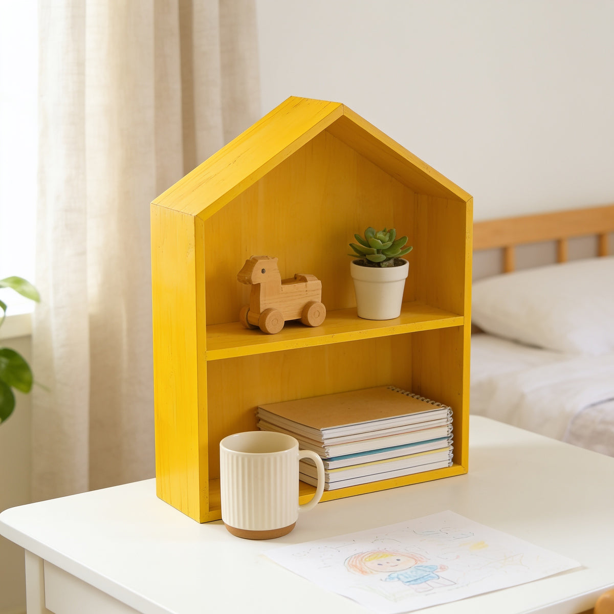 Lumiwee Linden wooden house desk organizer, Yellow – Large option, in a bright room