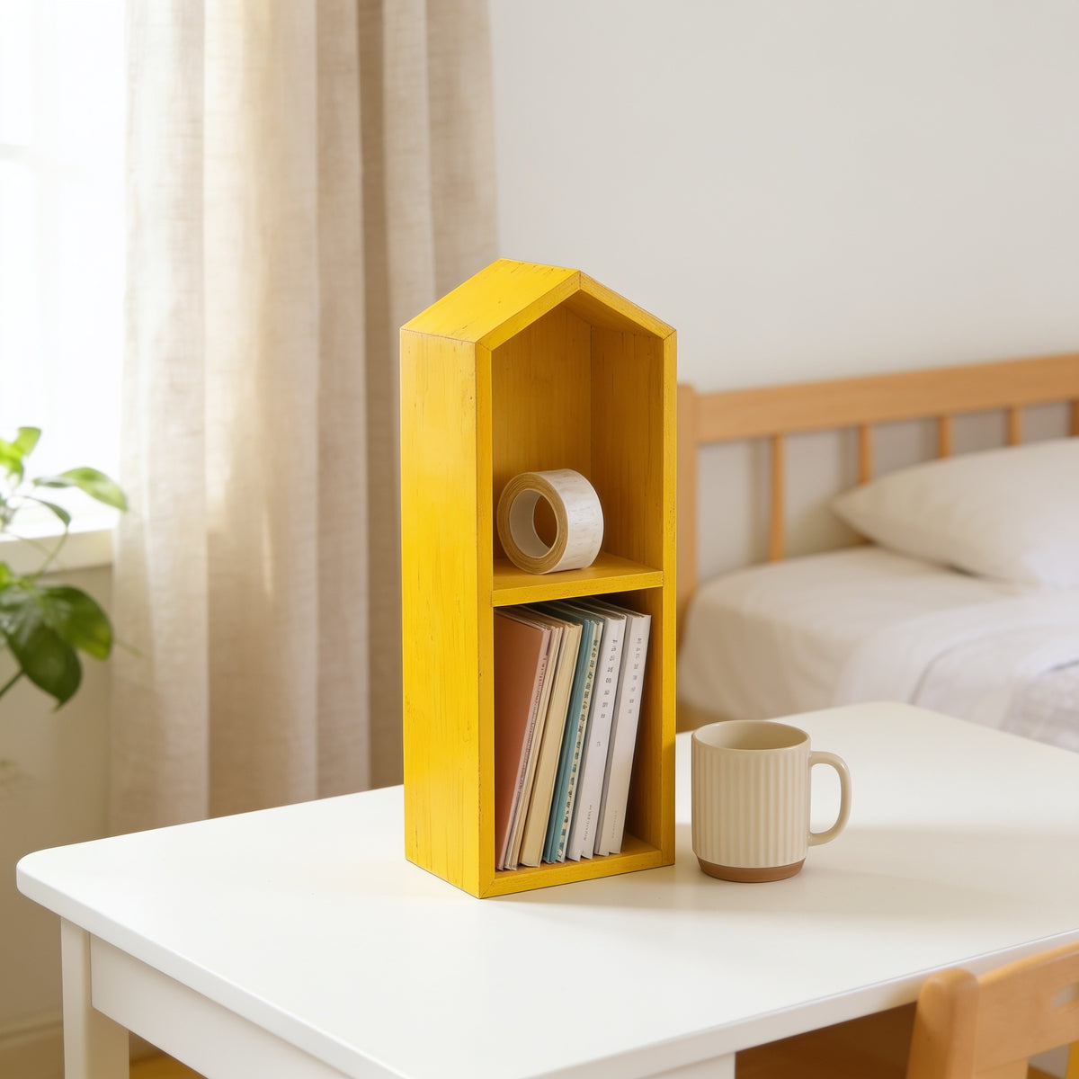Lumiwee Linden wooden house desk organizer, Yellow – Medium option, in a bright room